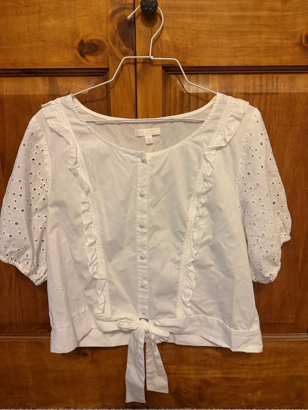 LC Lauren Conrad White Eyelet Ruffle Tie-Front Blouse